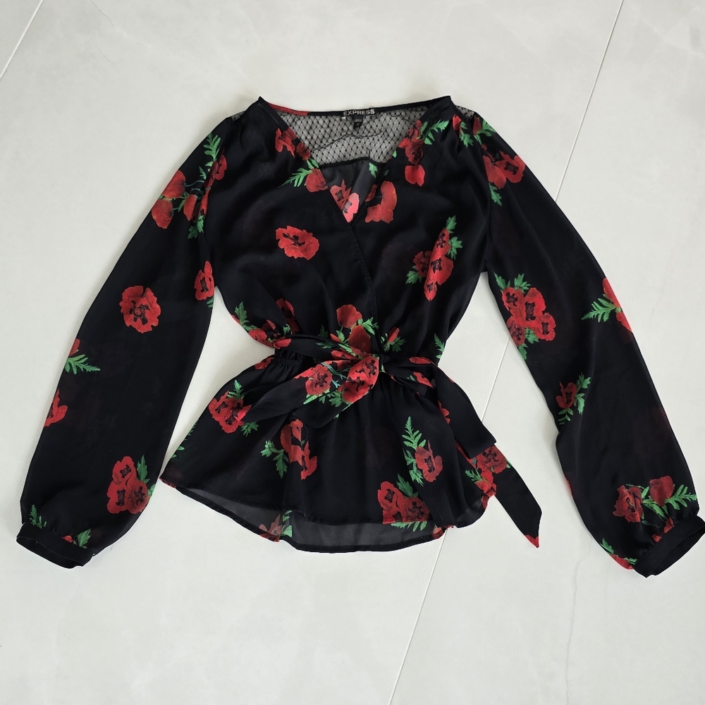 Express Long-Sleeved Sheer Black and Red Floral Blouse With Waist Tie - XS